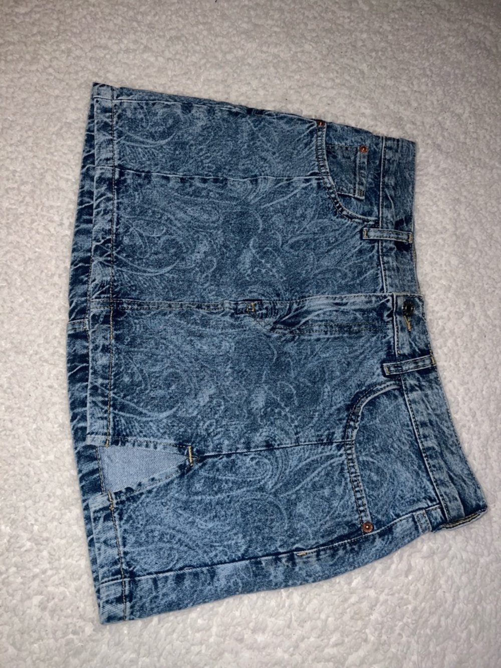 Paisley Acid-Wash Denim Mini Skirt - Blue